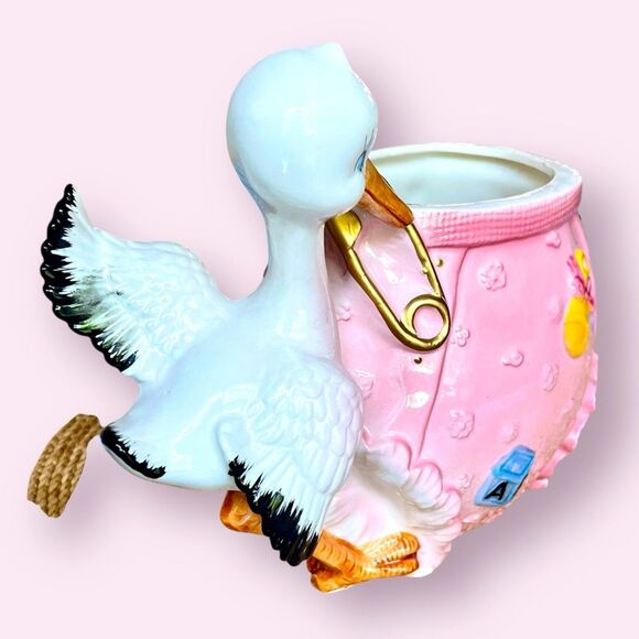 Lefton Stork Planter Pink Baby Bloomers 1960s - Picture 5 of 12